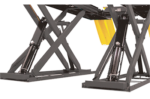 Close-up of scissor-style lift structure showing reinforced steel cross braces and hydraulic lifting mechanism