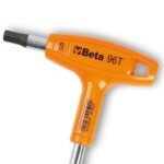 Close-up of the Beta Tools 3-Offset Hexagon Key Wrench with its bright orange T-handle and durable steel shaft, model 96T. Get it at Wrenchers.com.