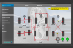 Wheel alignment software showing vehicle track width, wheelbase measurements, and front-to-rear alignment differences with a full diagram