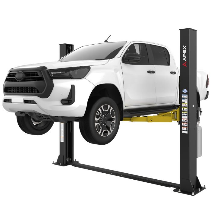 APEX AL9LC Two Post Car Lift – 9,000-Lb Capacity – Floorplate APEX AL9LC two post floorplate car lift designed for low ceiling automotive shops. A compact 9000 lb lift solution available at for professional service bays.