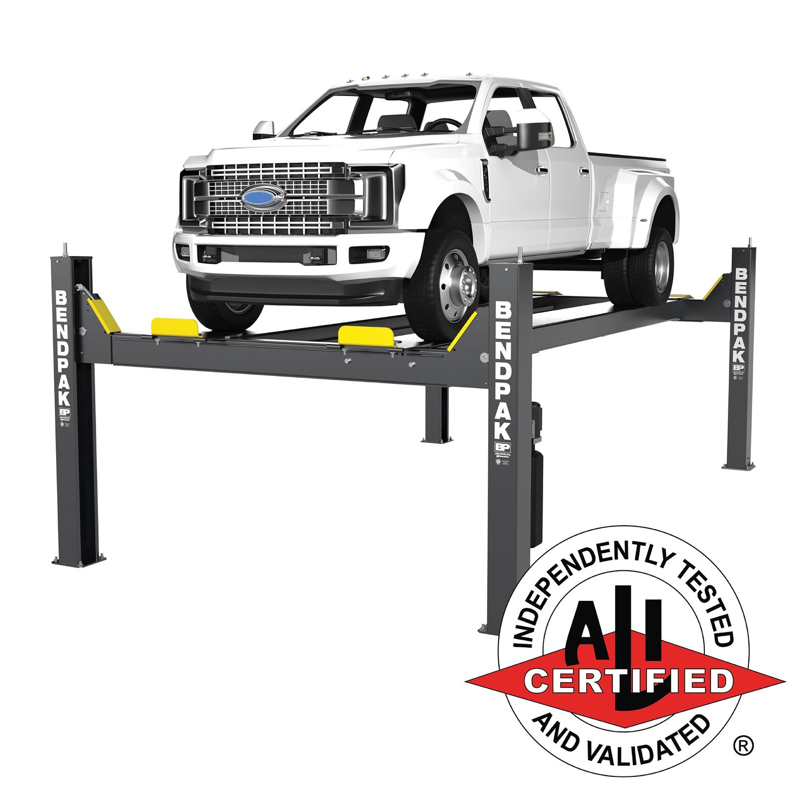 HDS-18E BendPak HDS-18E 5175968 four-post lift with 18,000-lb capacity and ALI certification.