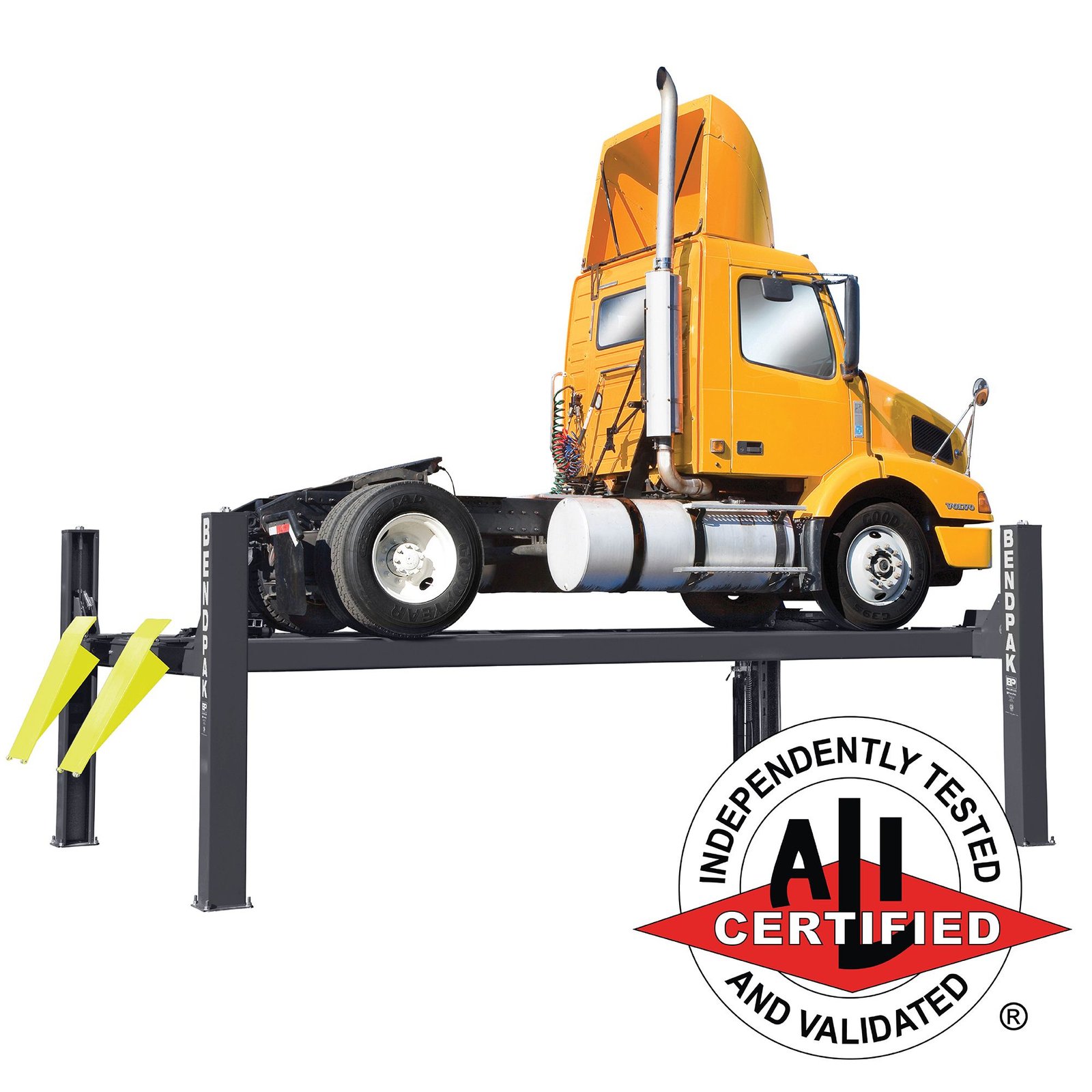 HDS-27 BendPak HDS-27 5175162 four-post lift with 27,000-lb capacity and ALI certification.