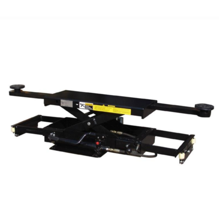 BendPak 6K bridge jack raised on lock position, supporting SUV wheels for full suspension and tire service.