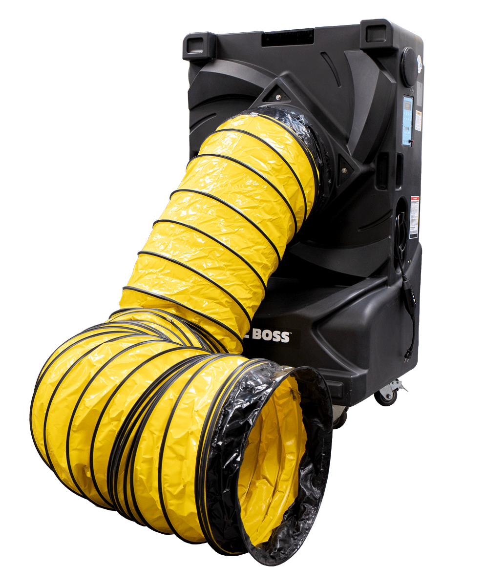 CB-16 Ducting Kit Cool Boss CB-16 evaporative cooler equipped with Ducting Kit (5150236). The yellow flexible duct connects securely to the air outlet to channel cool air into targeted workspaces and aircraft cabins