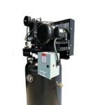 Rear view of Industrial Gold vertical air compressor, highlighting the motor housing, electrical enclosure, and high-efficiency cooling fins. Get it at Wrenchers.com