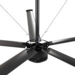 Studio render of the Cool Boss CB-20 HVLS industrial fan featuring a 20-foot blade span, aerodynamic aluminum blades with blue tips, and a low-profile motor hub