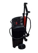 Side view of the DSR ProSeries DSR131 battery charger, showing its durable steel housing, control panel, and rugged handle with attached clamps. Get it at Wrenchers.com