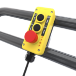 Pendant control for the BendPak EVS4500 mobile scissor lift featuring up and down controls with integrated emergency stop for operator safety.