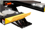 Integrated alignment turnplates mounted in EELR789APKG scissor lift runways with yellow wheel stops
