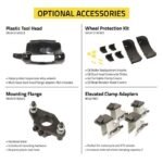 Optional accessories for the R745 tire changer, including protection kits, mounting flanges, clamp adapters, and tool head enhancements