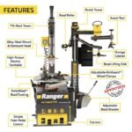 Feature diagram of the Ranger R76ATR showcases its assist tower, bead roller, lifting disk, RimGuard™ clamps, TurboBlast™ air burst, and easy-access storage cabinet