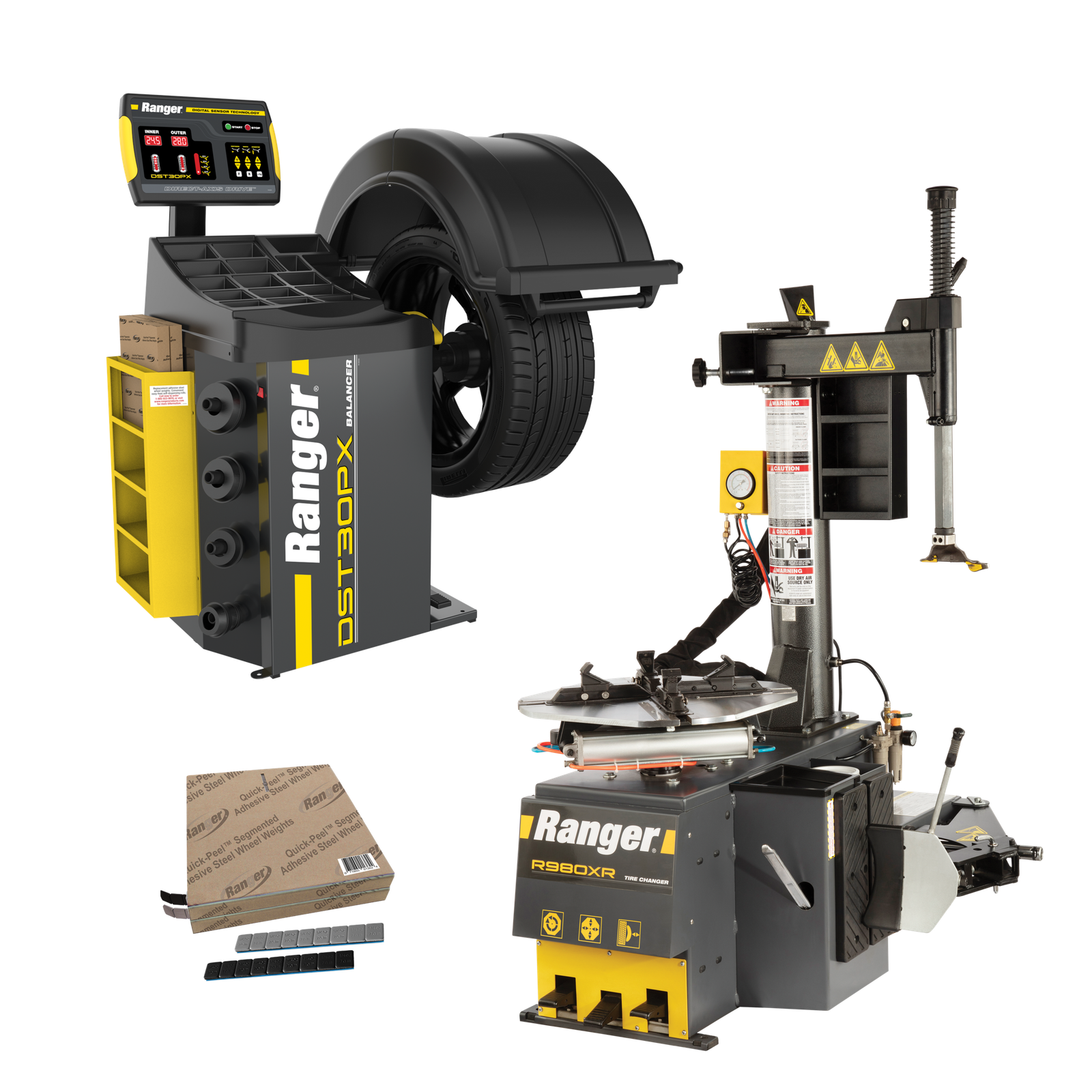 R980XR - DST30PX - Weights - Setup-Train R980XR 220V wheel balancer with DST30PX system tape weight rolls and setup training kit