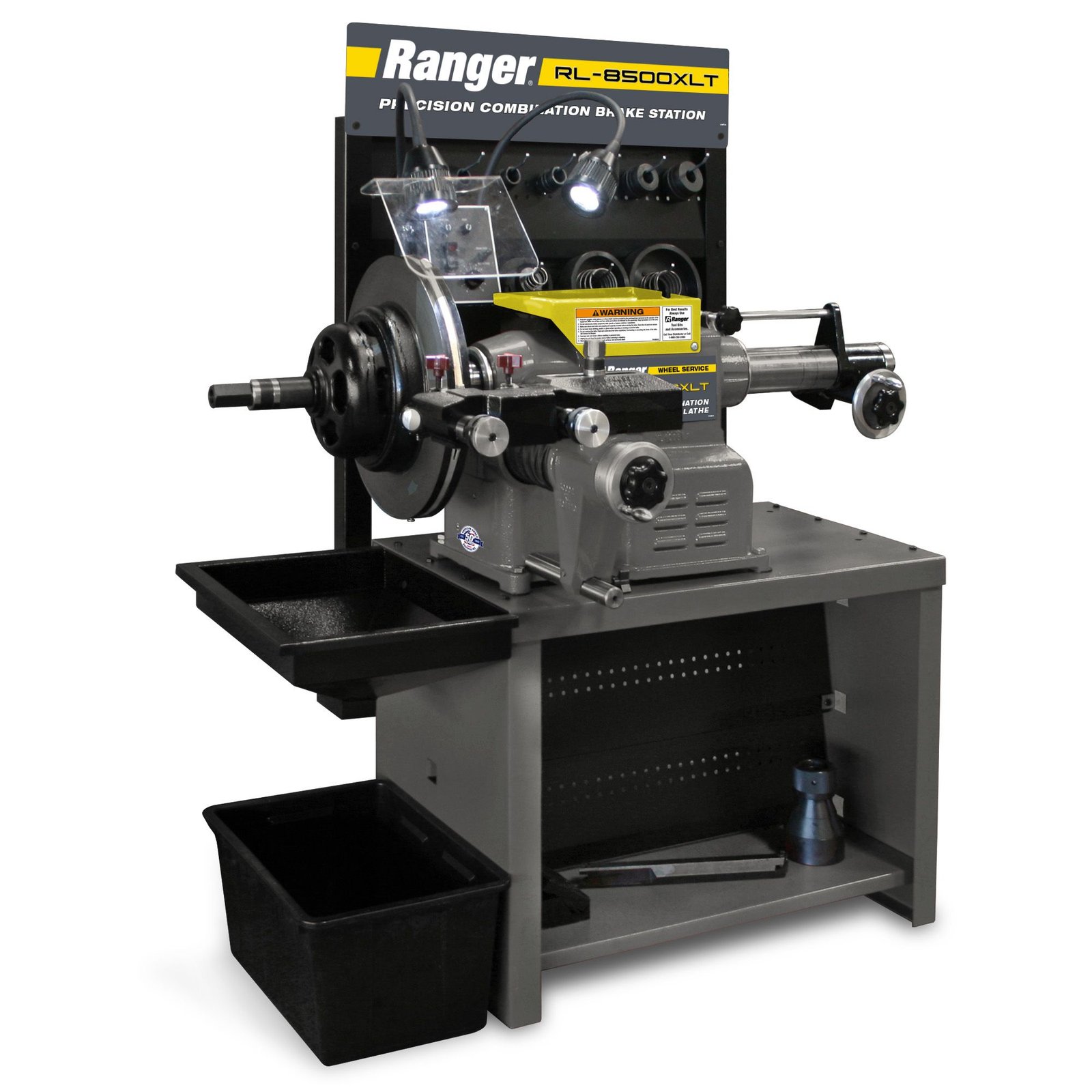 RL-8500XLT Full view of the Ranger RL-8500XLT combination brake lathe workstation featuring tooling storage, lighting, and premium resurfacing capability