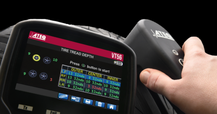 Close-up of the ATEQ VT56 Tire Tread Depth Gauge displaying real-time tread readings on its color screen, showing detailed measurements for each tire position. Get it at Wrenchers.com.